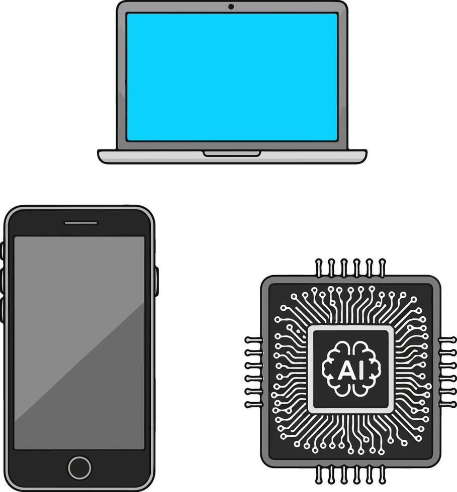 Illustration of a laptop, smartphone, and a microchip with an ai brain symbol, isolated on white background vector