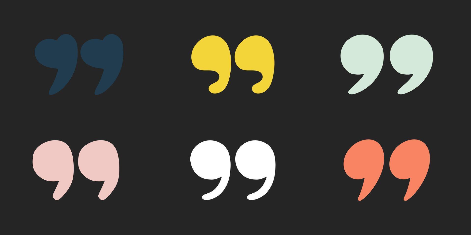 Doodle quotation mark. Hand drawn color comma set for speech bubble. comic apostrophe icon for conversation. Sketch scribble signs. Punctuation symbol on black background vector