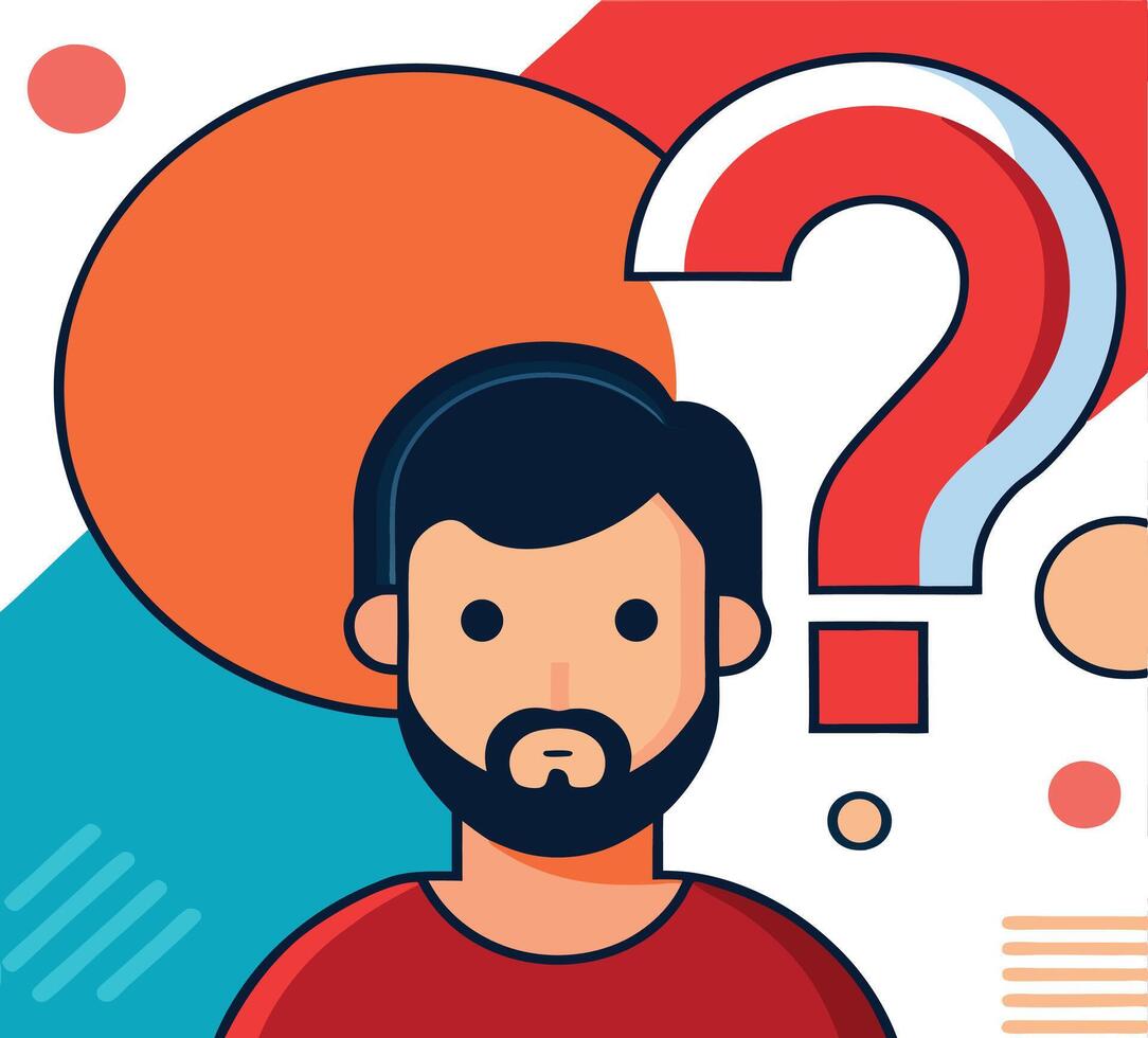 Confused bearded man looks on question mark with colorful geometric shapes surrounding his image vector