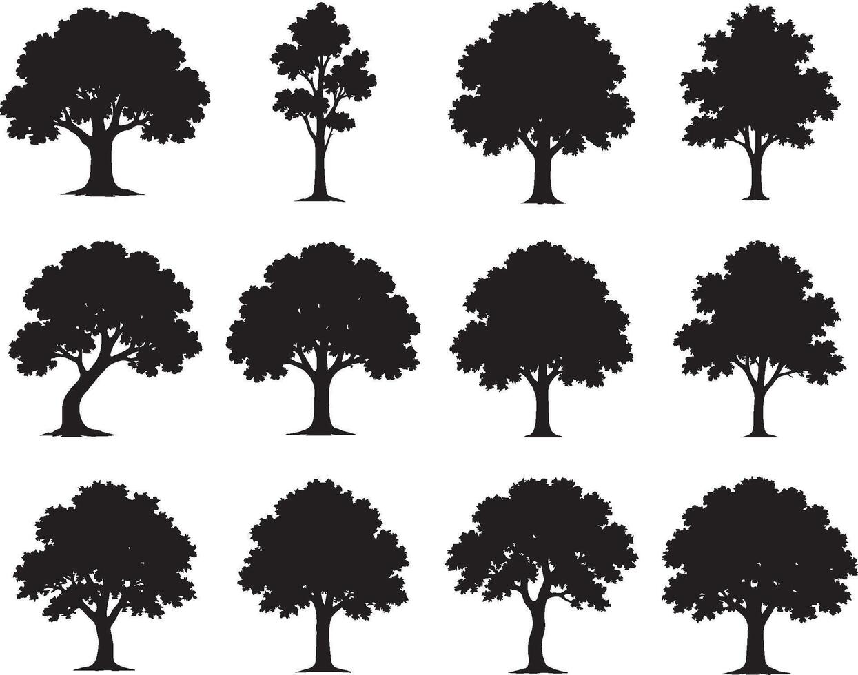 Set of Black Tree Silhouettes in Various Shapes and Positions vector