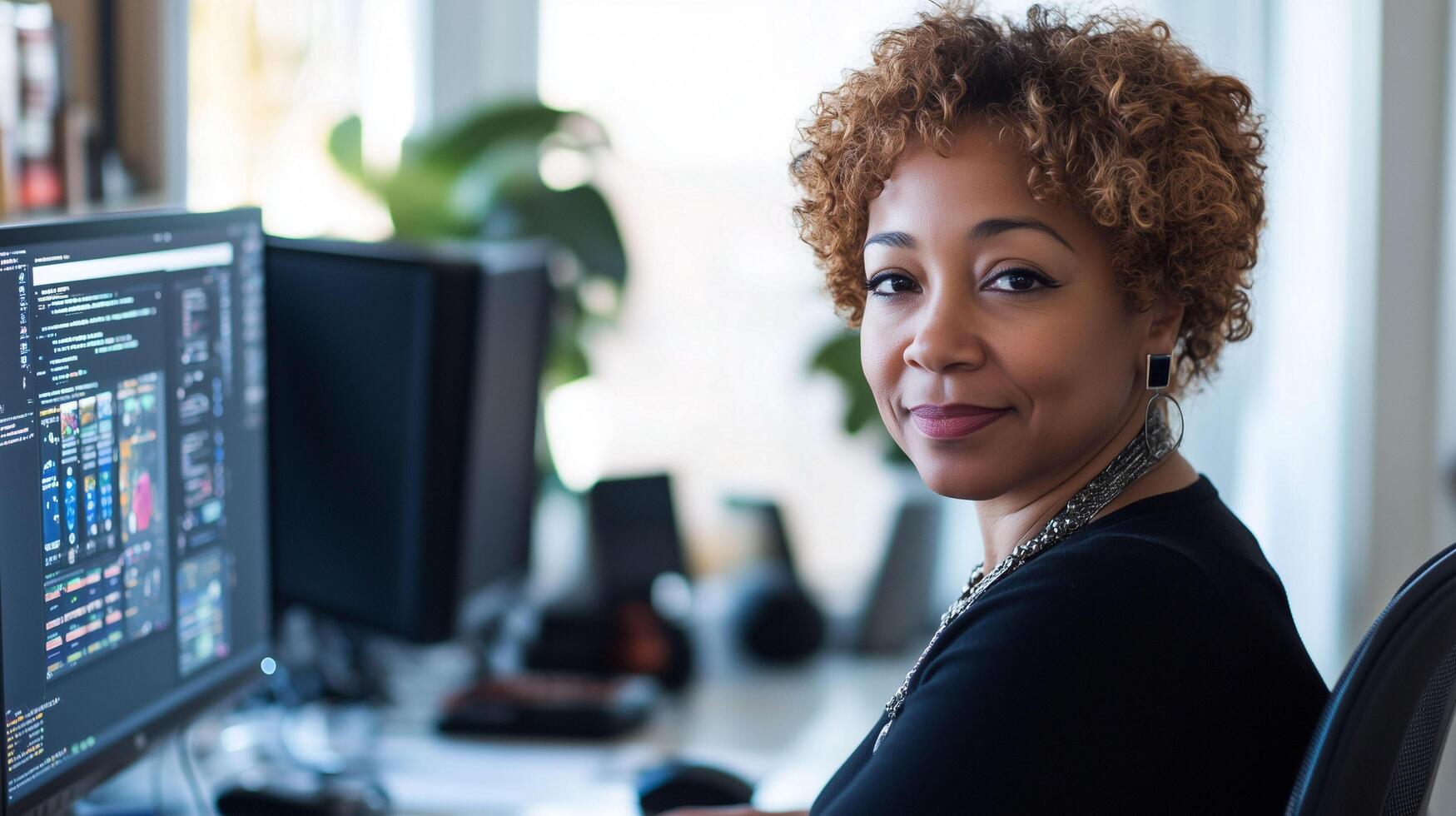 Creative professional works on computer analysis in bright office space while focused on data visualization tasks photo
