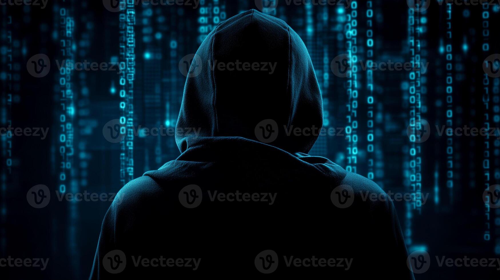 Hacker in a dark room working with digital code and creating cyber solutions photo