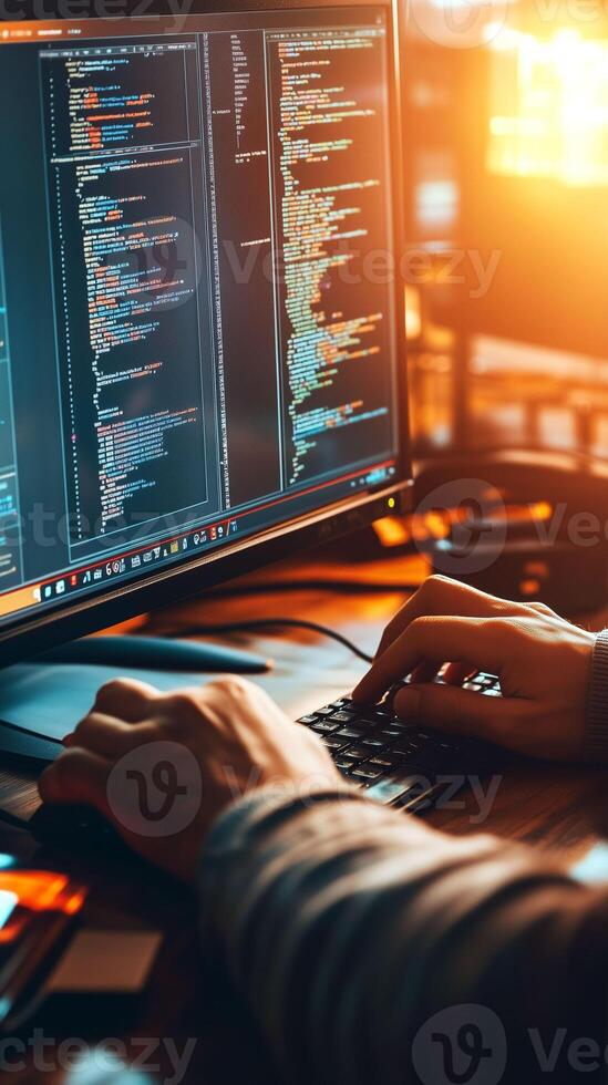 Digital forensic expert analyzes code while working at a tech facility in the evening photo