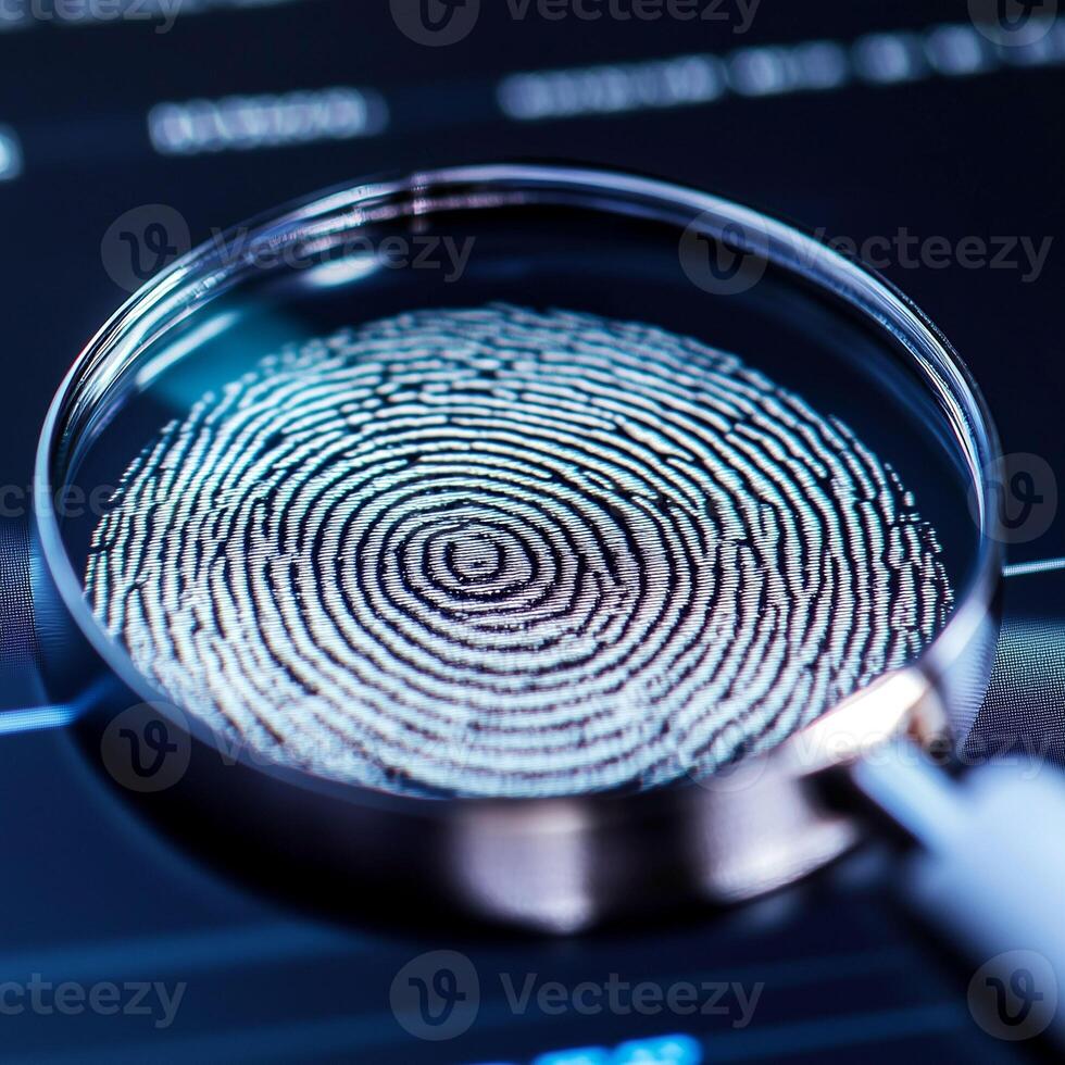 Magnified view of a fingerprint displayed on a computer screen with a magnifying glass photo