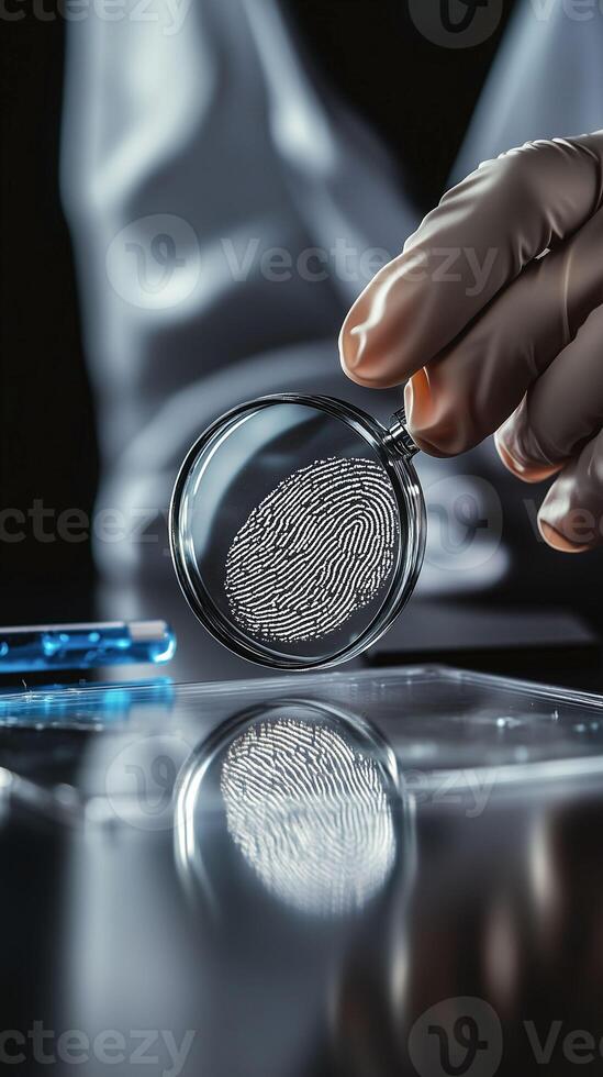 Forensic scientist examines fingerprint evidence under magnification in laboratory setting photo