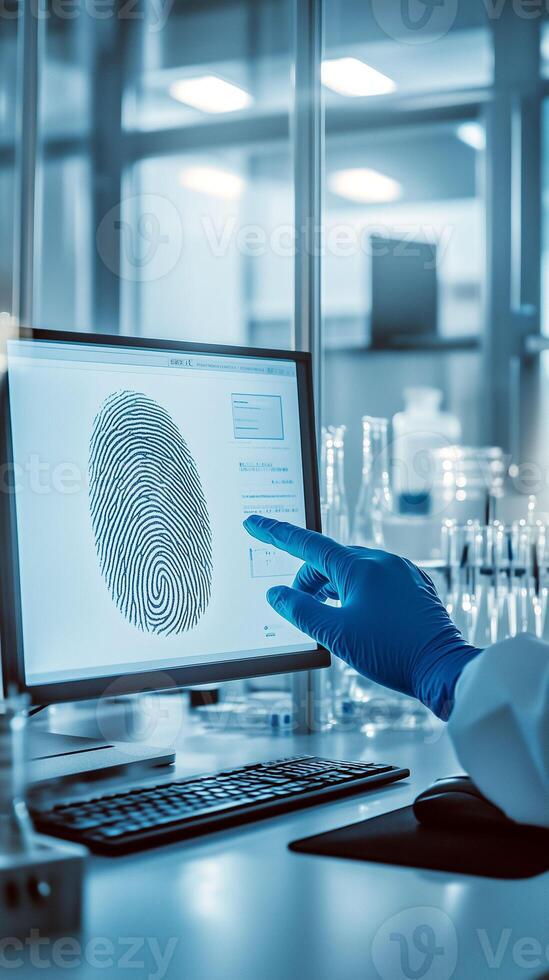 Forensic expert analyzes fingerprint data on computer in lab photo