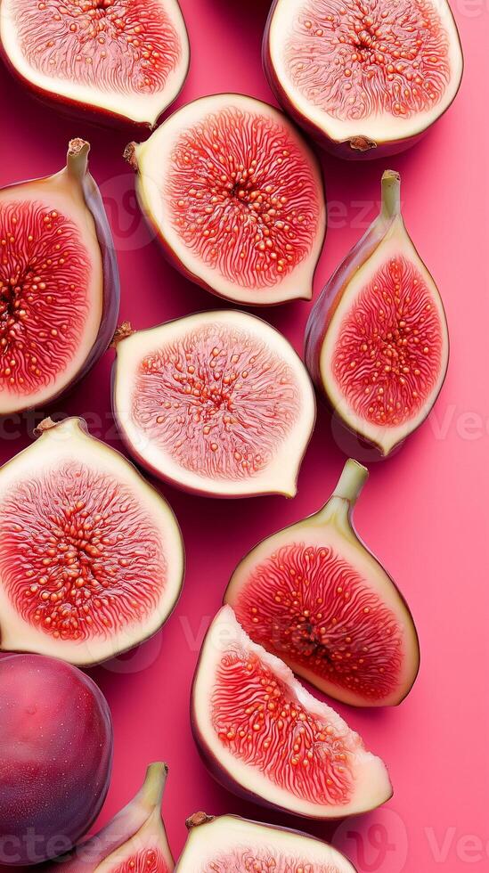 Ripe figs arranged on a vibrant pink background showcasing their luscious interior and rich texture photo