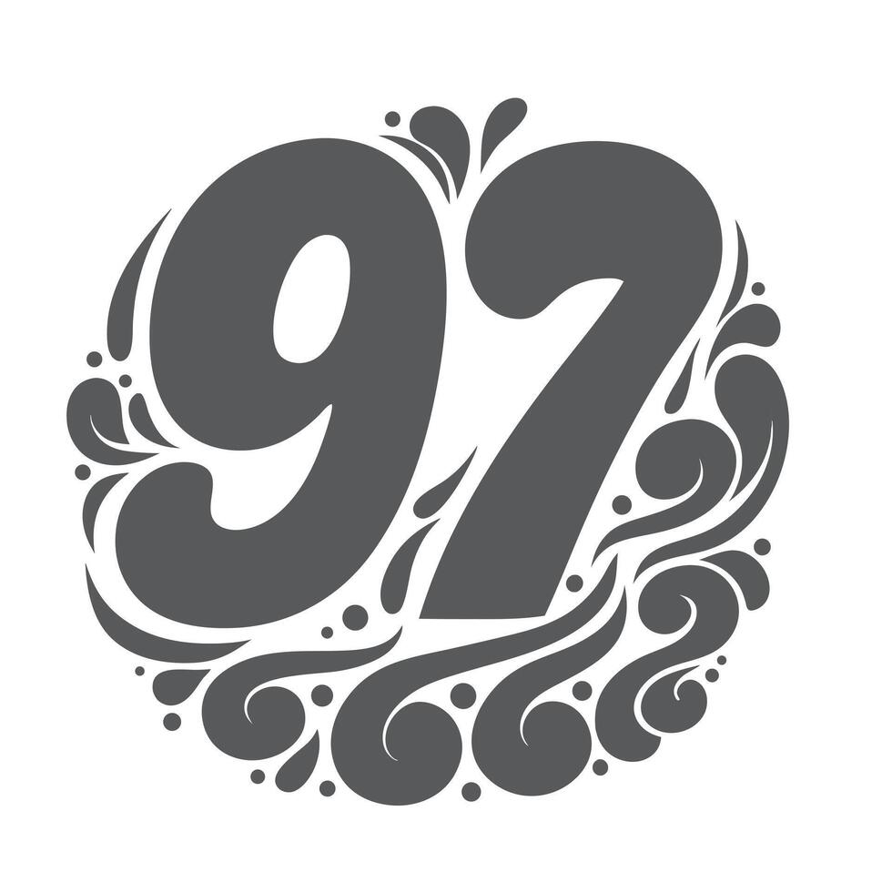 Stylized number ninetyseven with decorative swirls and dots, creating a vintage and artistic design isolated on white background vector