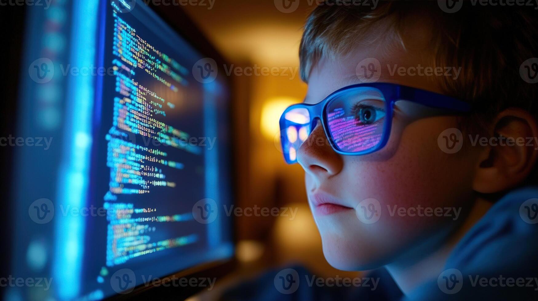 Child focused on computer screen displaying code photo
