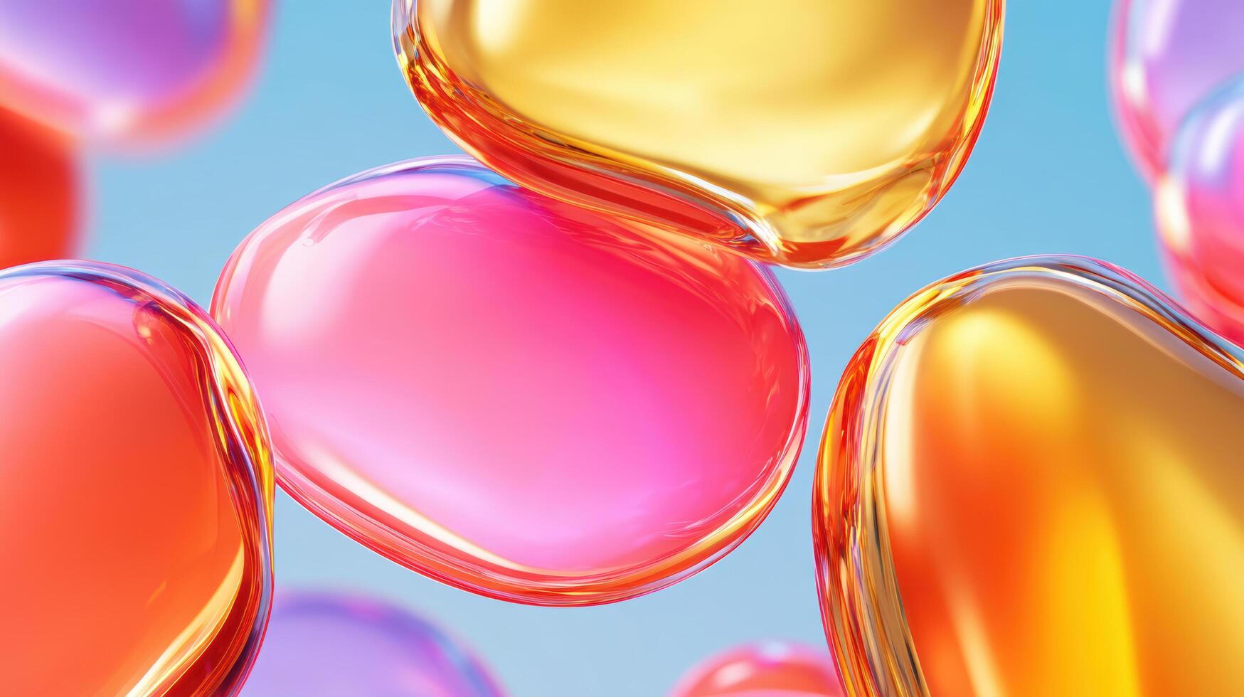 Vibrant abstract glossy liquid shapes, colorful gradient bubbles, photorealistic fluid forms float in sky, dreamy playful mood, modern design art photo