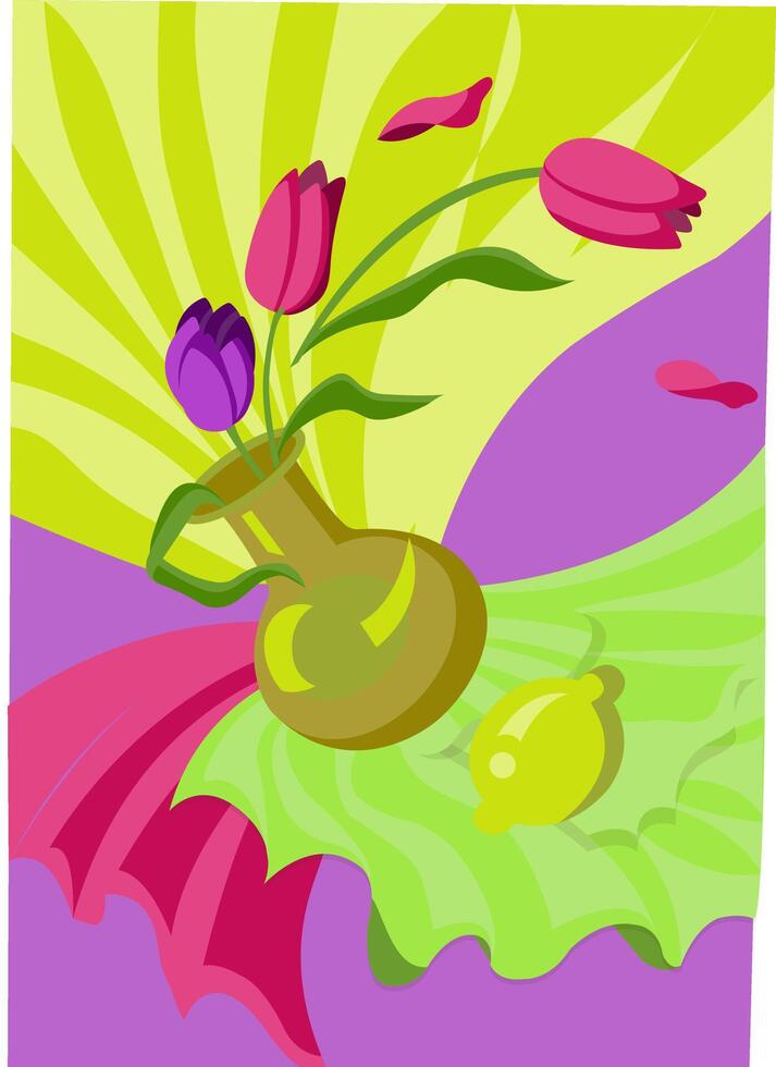 Falling vase with tulips and lemon on drapery. Dynamic still life. illustration. vector