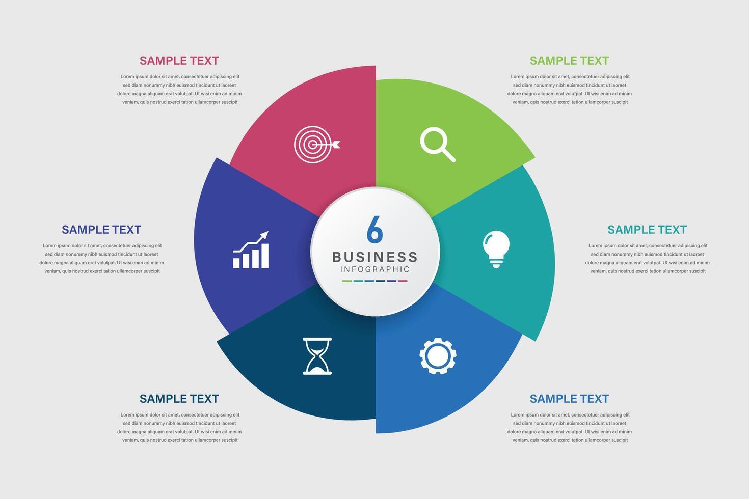 Modern 6 Step Circular Business Infographic Template with Icons and Text vector
