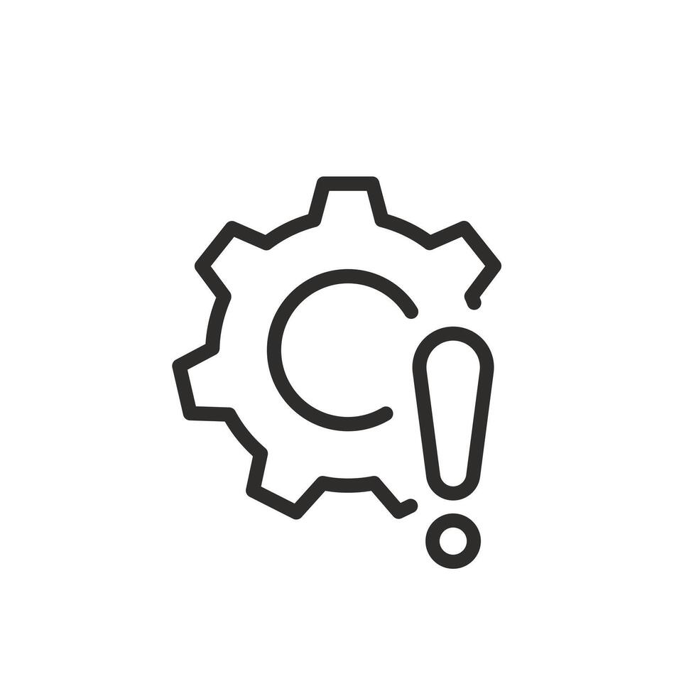 broken gear icon, mechanism failure, risk attention work, thin line symbol editable stroke illustration vector