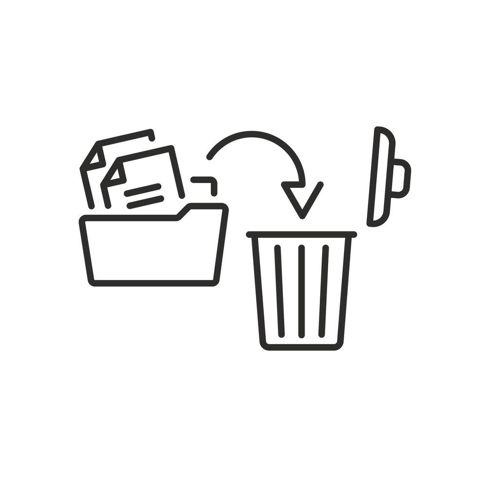 delete data icon, document folder with trash can, information send to trash bin, thin line symbol on white background editable stroke illustration vector