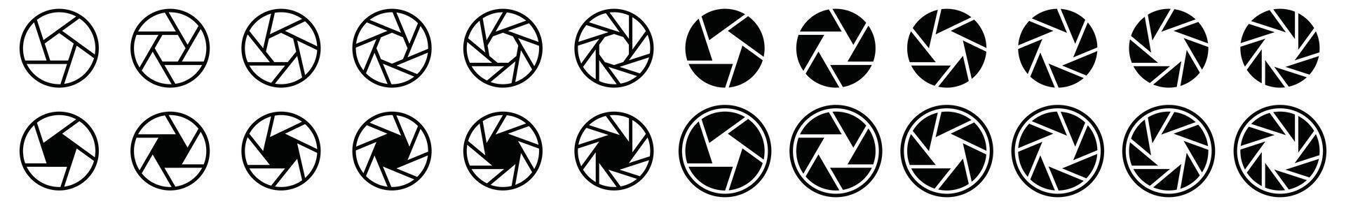 Camera shutter icons set. Camera lens icon symbol. Camera lens diaphragm icon in outline or line and flat style for apps and websites vector