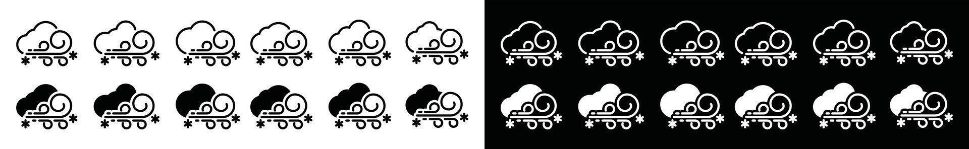 Blizzard weather icons set. Snow storm weather icon collection. Snowflake, cloud, and wind icon symbol for apps and websites. Illustration vector