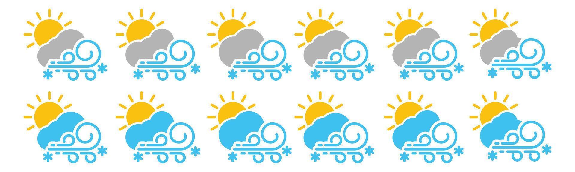 Blizzard weather during the day icons set. Snow storm weather icon collection. Snowflake, cloud, and wind icon symbol for apps and websites. Illustration vector