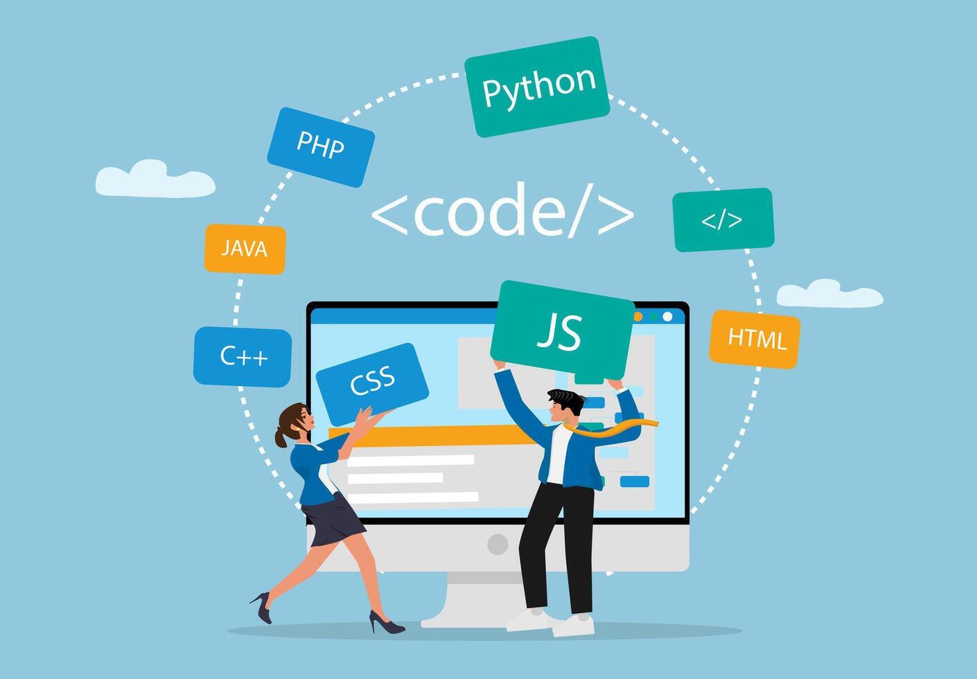 two people are holding up a computer with code on it vector