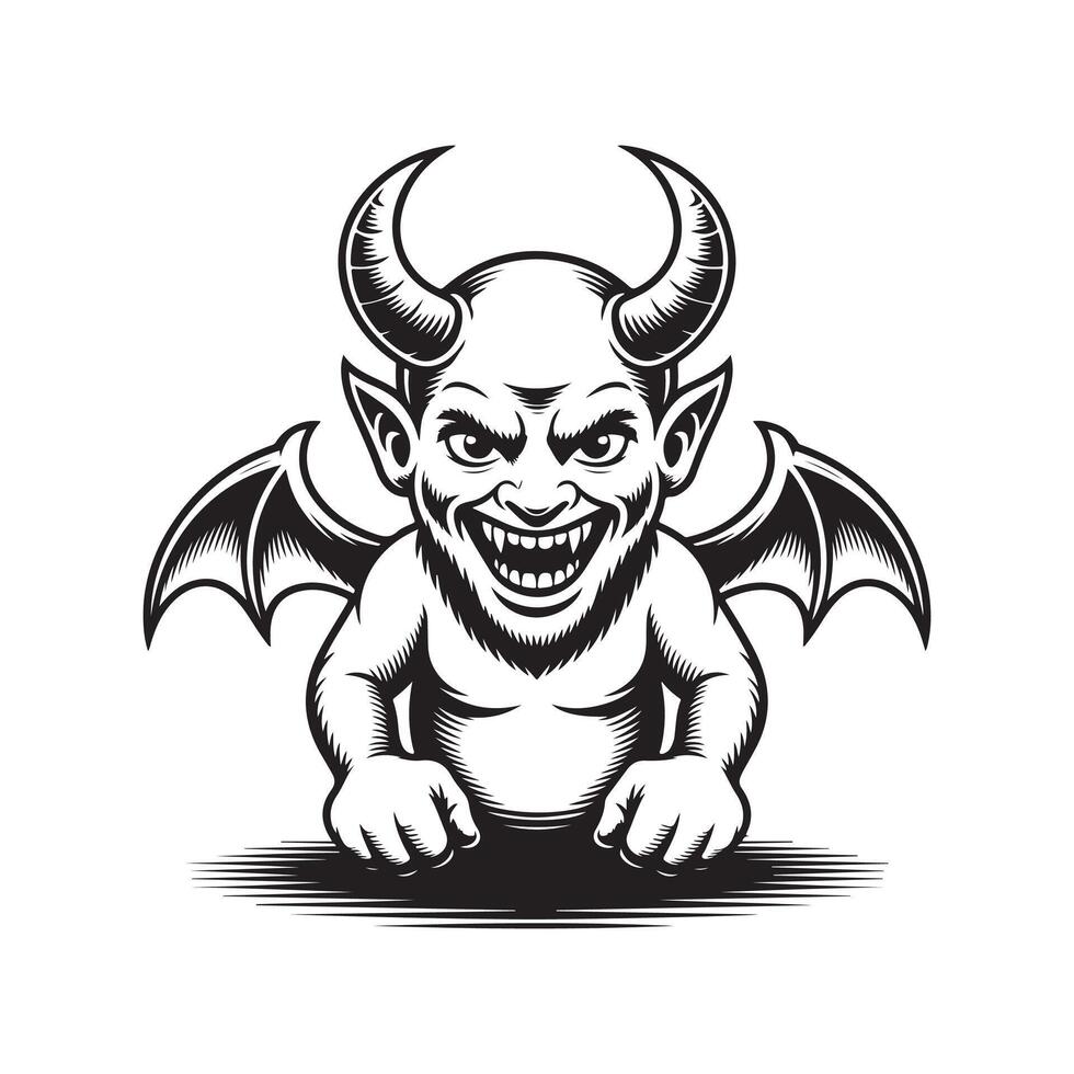 Angry cartoon demon reveals sharp teeth and tiny wings in a striking monochrome sketch vector