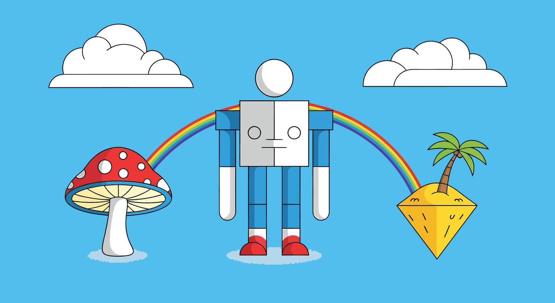 Playful Robot with Rainbow Connecting Fantasy Worlds vector
