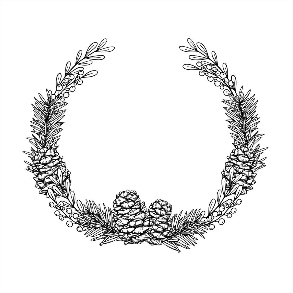 Christmas tree branches with cones monochrome wreath with copy space for text. Winter evergreen round frame. Holiday template with spruce twigs for greeting cards, invitations vector