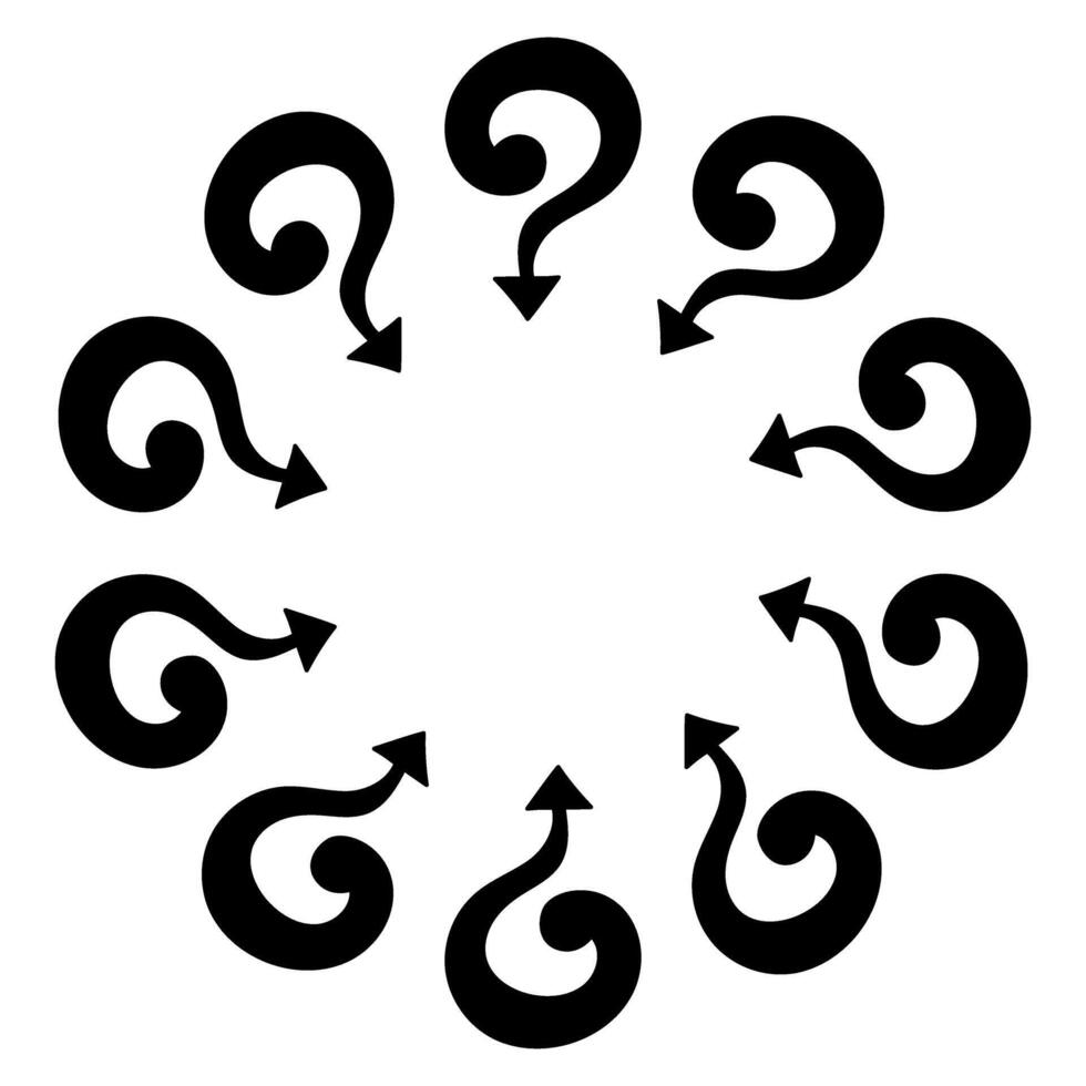 Circle frame with cartoon question marks and arrows pointing to the center, hand drawn in doodle style. Fun illustration for quizzes, posters, presentations, educational and creative projects. vector