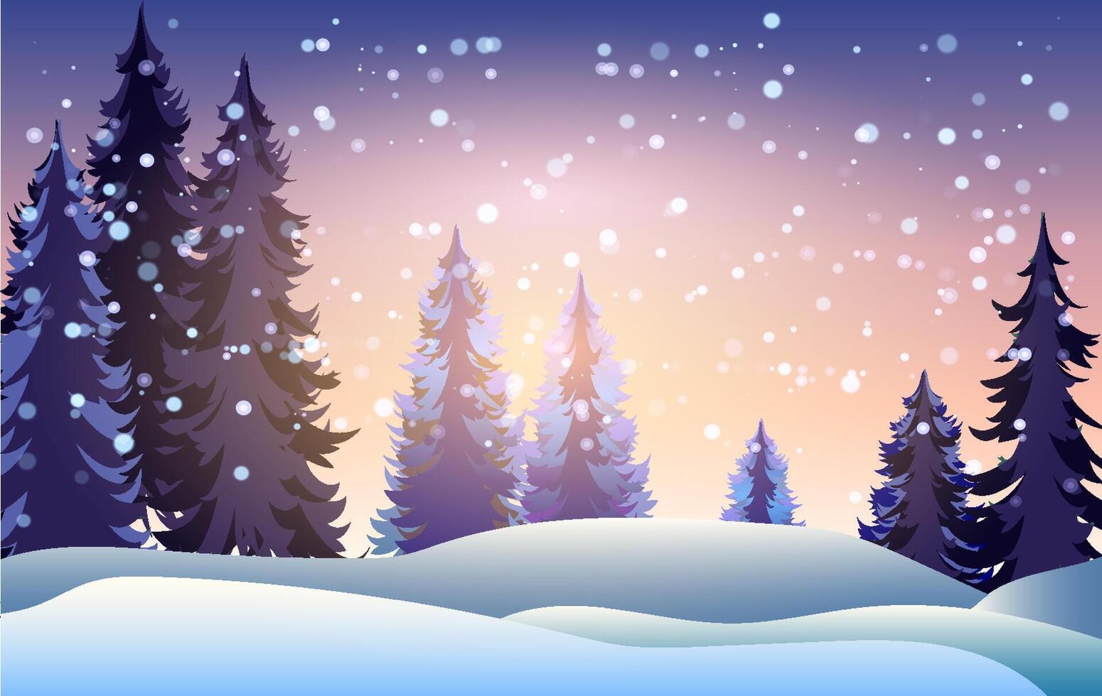 A serene winter landscape features tall evergreen trees dusted with snow under a sky filled with softly falling snowflakes. The scene captures the essence of Christmas tranquility at dusk. vector