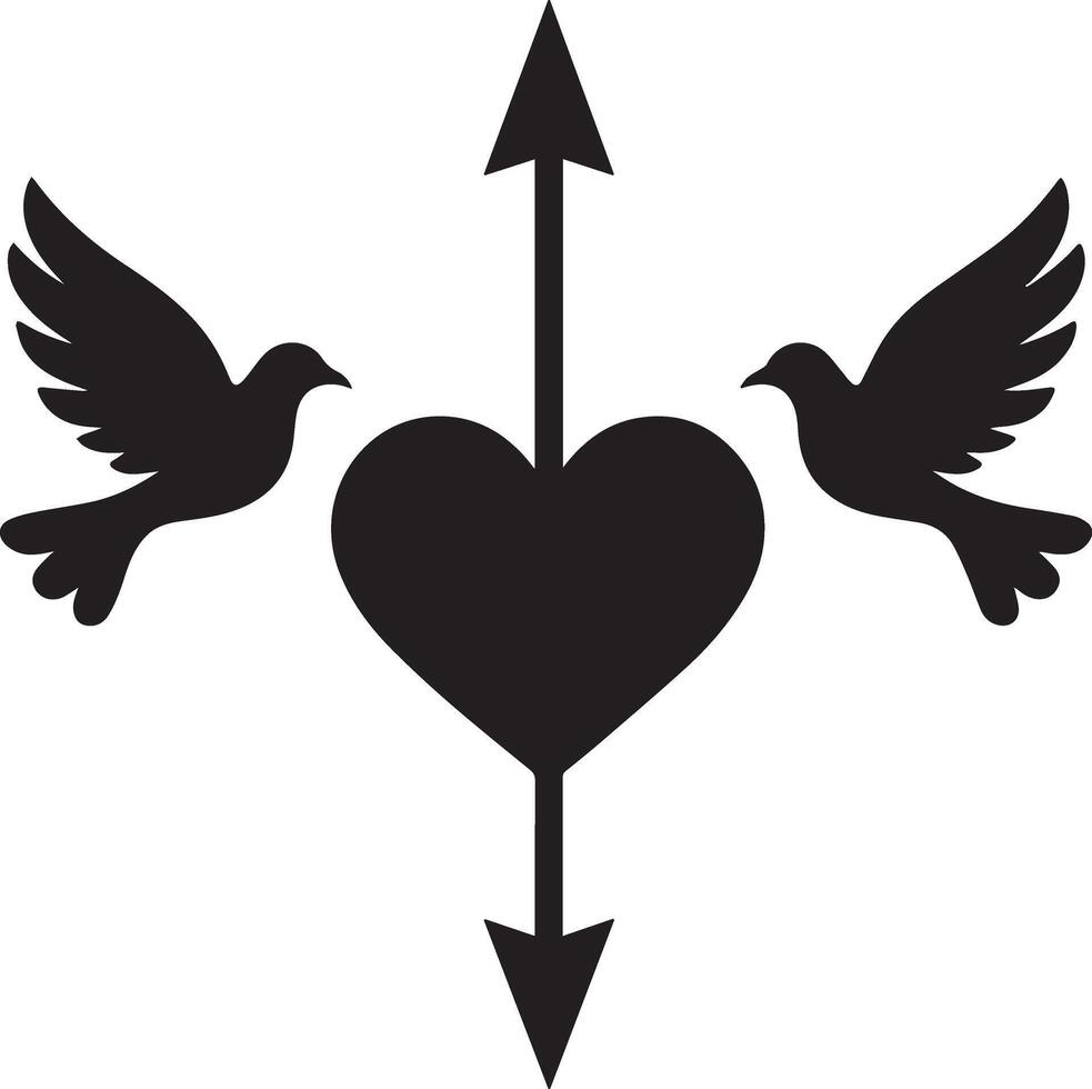 Symbol of Love with Doves This elegant graphic features a heart pierced by an arrow, framed by two graceful doves, creating a powerful representation of love and commitment. vector