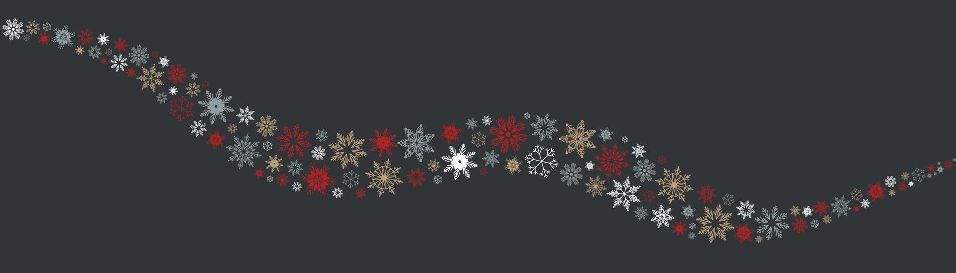 A festive snowflake garland in red, gold, silver, and white, arranged in a wavy pattern on a dark background. Perfect for Christmas banners, winter-themed invitations, website header. vector
