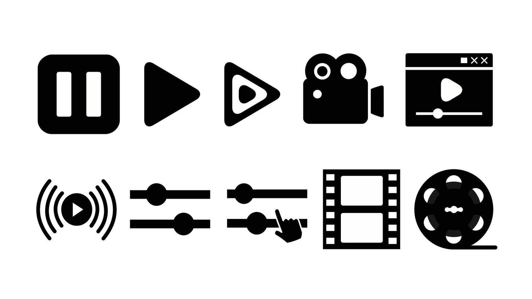 Icon set of multimedia and media player icons including play, pause, stop, forward, backward, and settings. Perfect for apps, websites, and digital design. vector