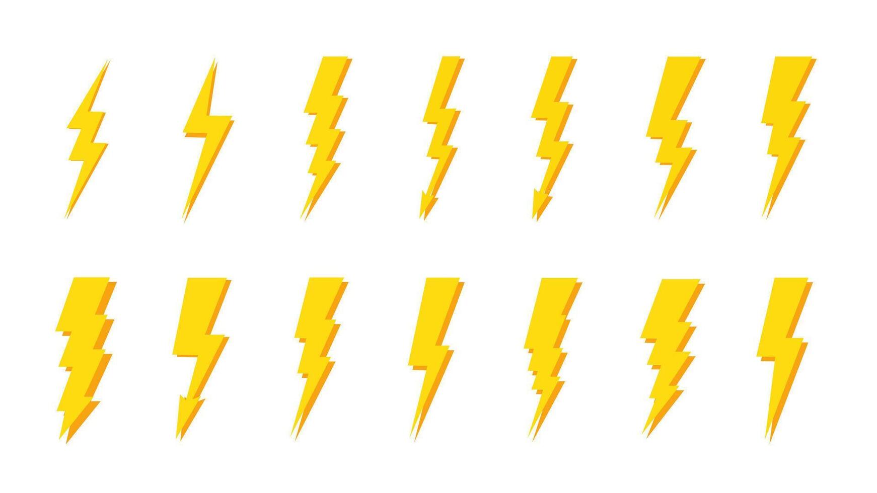 Collection of yellow lightning bolt icons in flat style, symbolizing electricity, thunder, and energy power. Perfect for weather forecasts, energy themes, and graphic design elements. vector