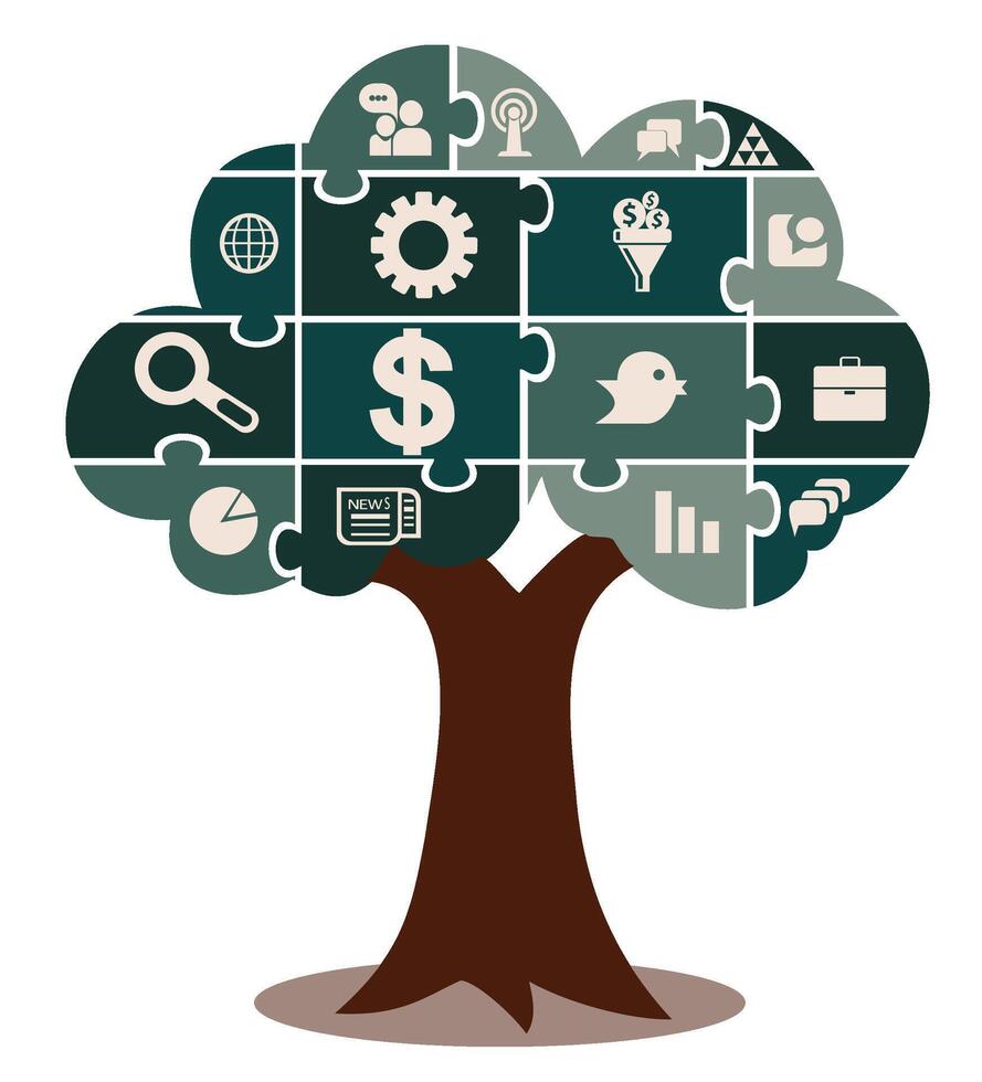 Tree with puzzle crown and business icons symbolizing growth, finance, teamwork, and strategy. Modern illustration for corporate and consulting presentations. vector