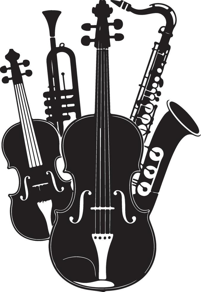 Stylized Silhouette of String Quartet and Brass Instruments in Dynamic Arrangement vector