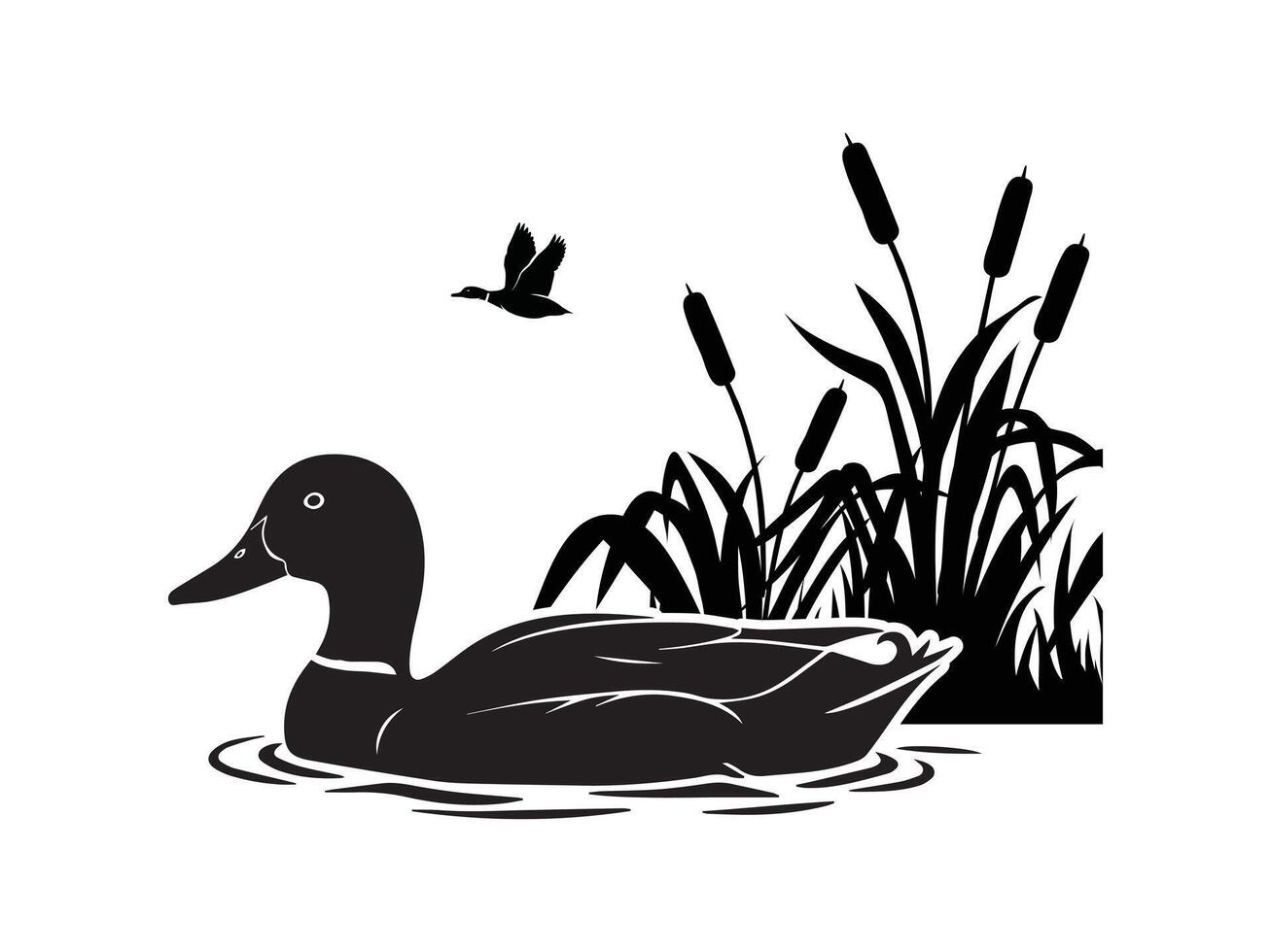 a duck and grass on a pond with a bird in the background vector