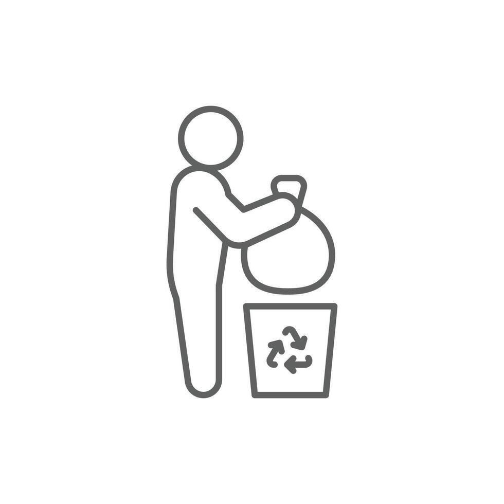People and rubbish bin icon. Simple outline style. Person holding a sack of trash, cleanup, garbage, ecology, environment concept. Thin line symbol. Isolated design. Editable stroke vector