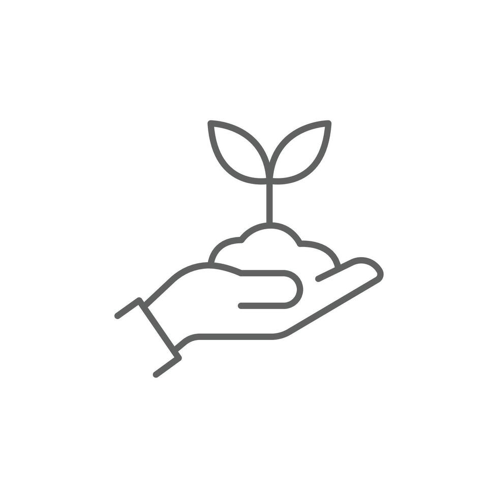 Hand holding plant icon. Simple outline style. Tree, hold, grow, leaf, sprout, fertilizer, flower, earth, nature, green, ecology concept. Thin line symbol. Isolated design. Editable stroke vector