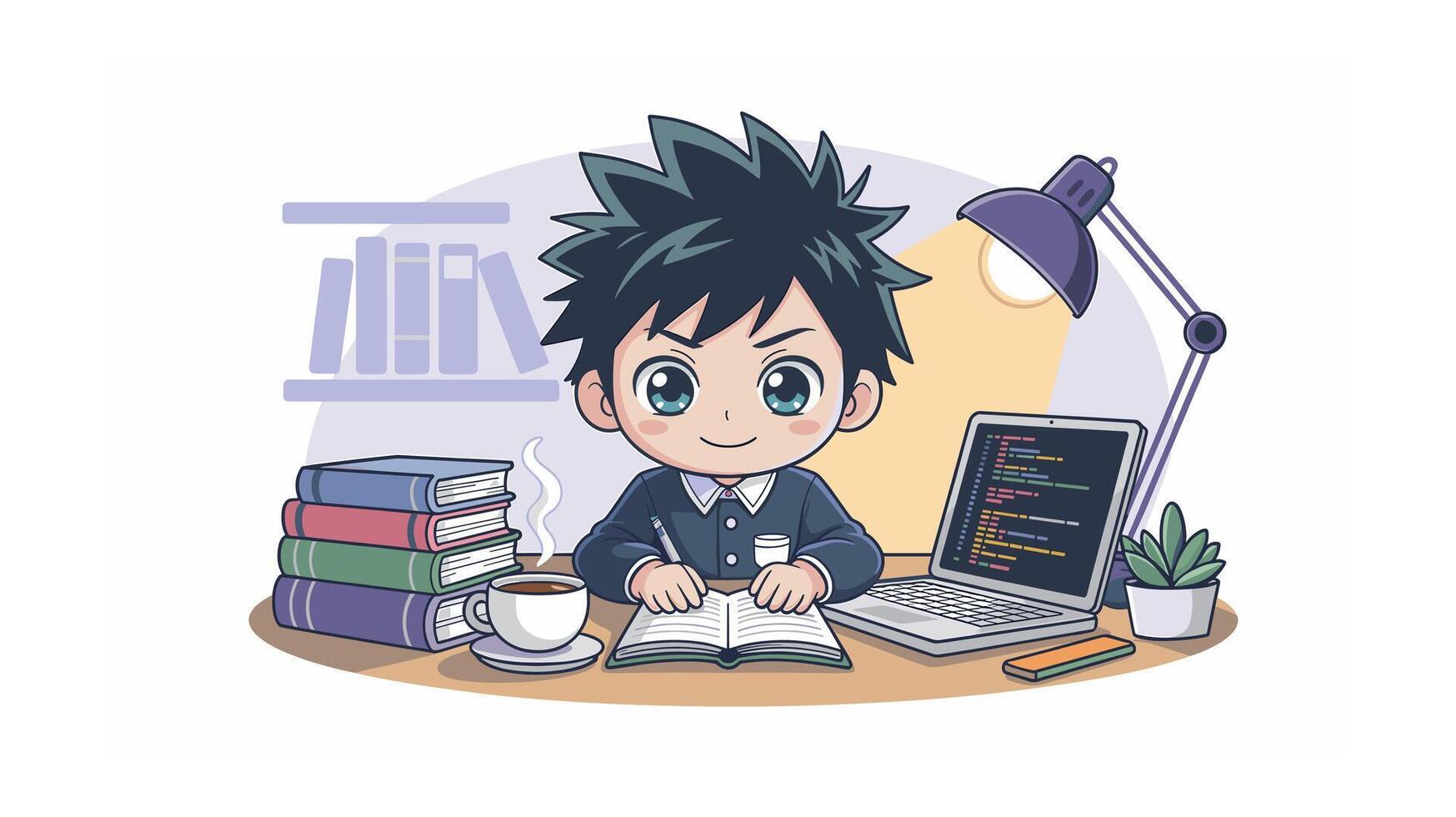 Cartoon Coder with Laptop and Coffee A Focused AnimeStyle Character Studying and Programming in a Cozy, Bookfilled Workspace vector