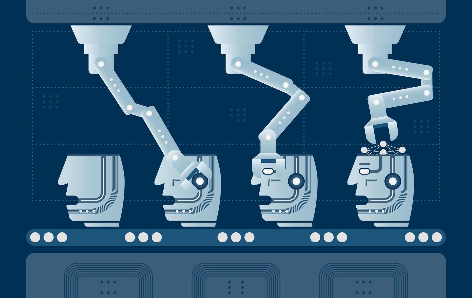 Bot production automated process. four robot heads vector