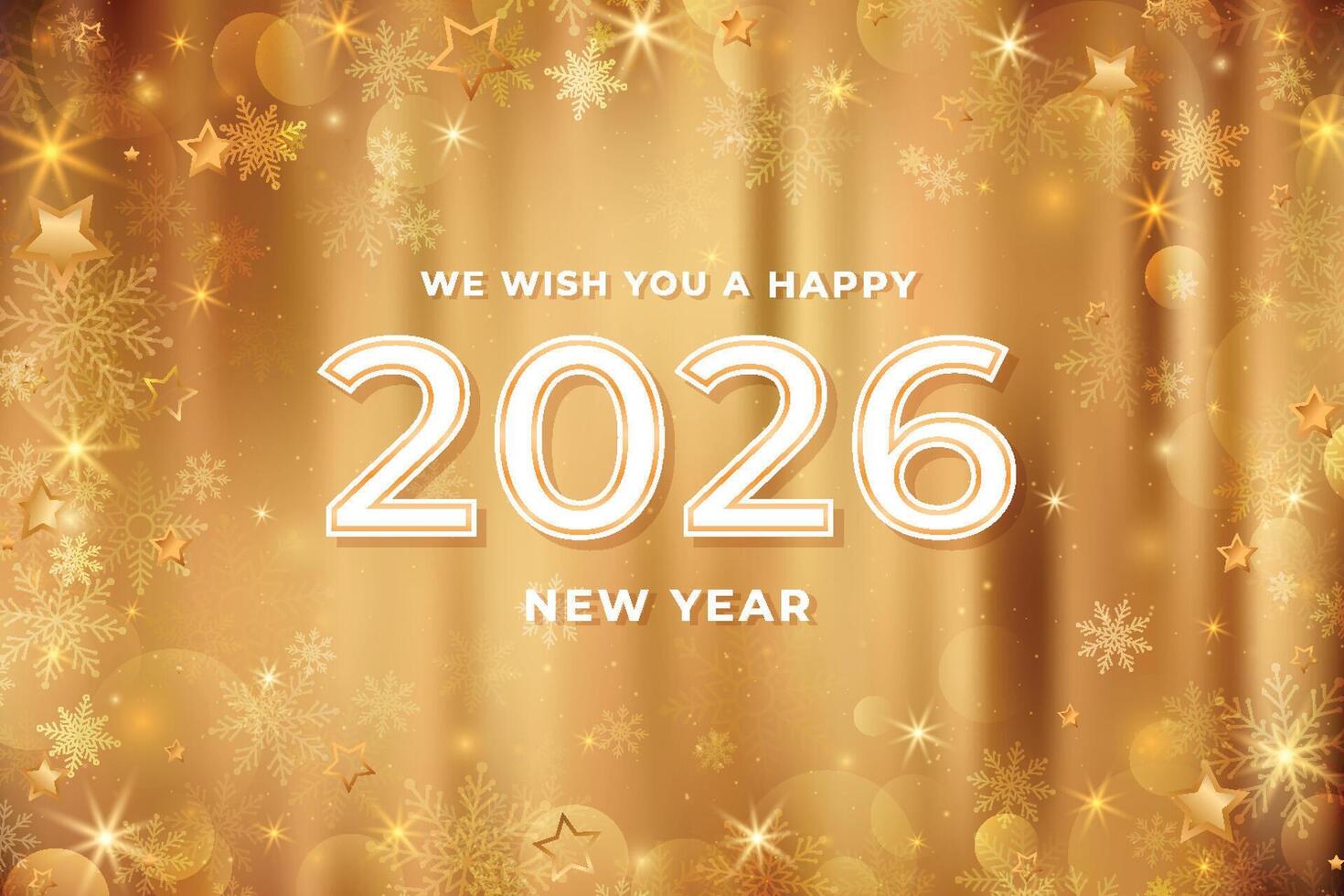 2026 Happy New Year Golden Background. Luxury Festive Holiday Greeting Card Design. New Year Blurred Background with Bokeh and Snowflakes vector