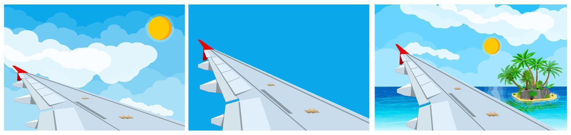 Set of three flight views from airplane window vector