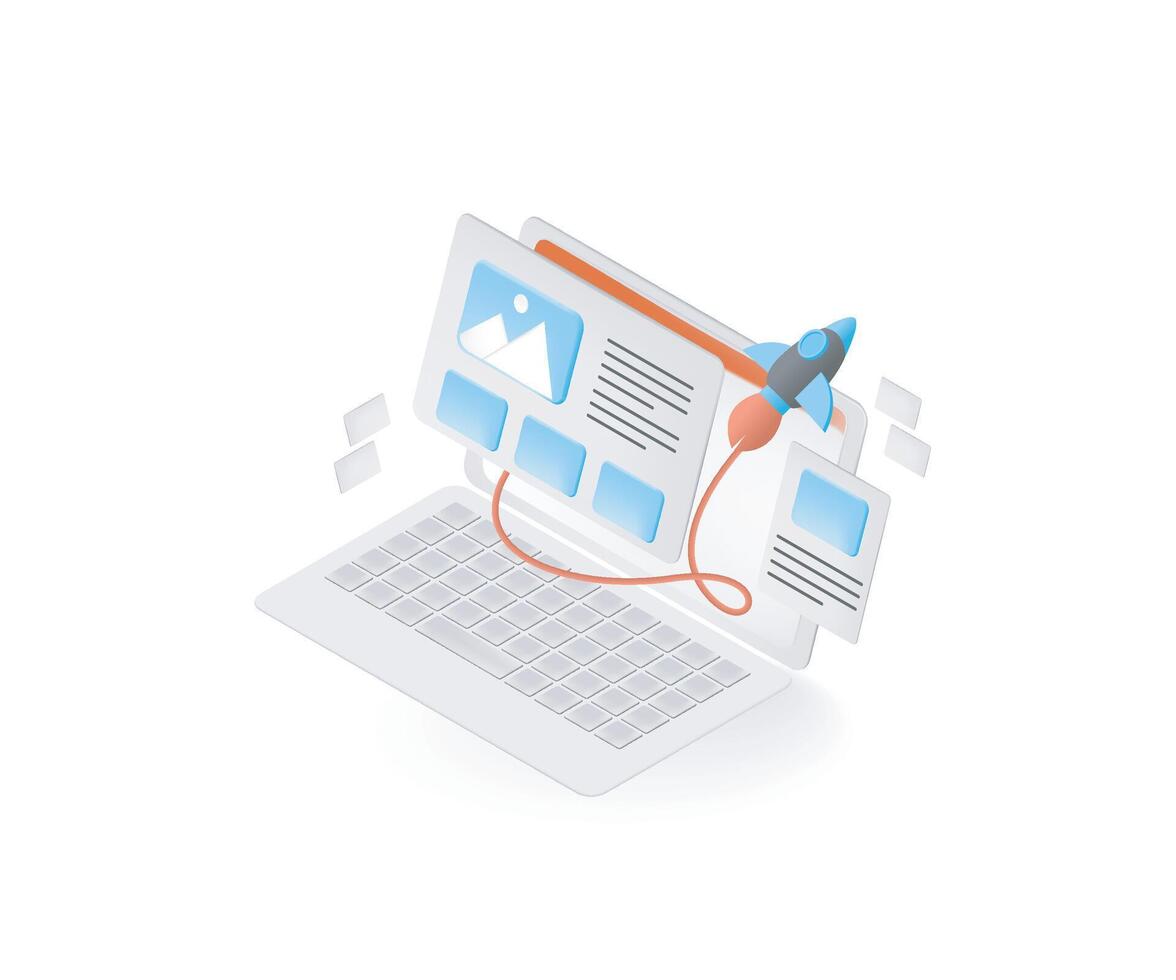 Laptop with images and rocket illustration vector
