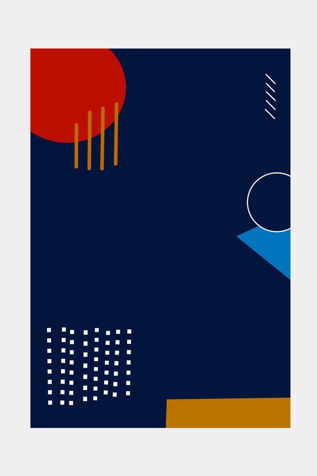 Modern abstract artwork with deep navy background, bold red, blue, and ochre shapes. A stylish geometric composition with contrast, structure, and visual rhythm. vector