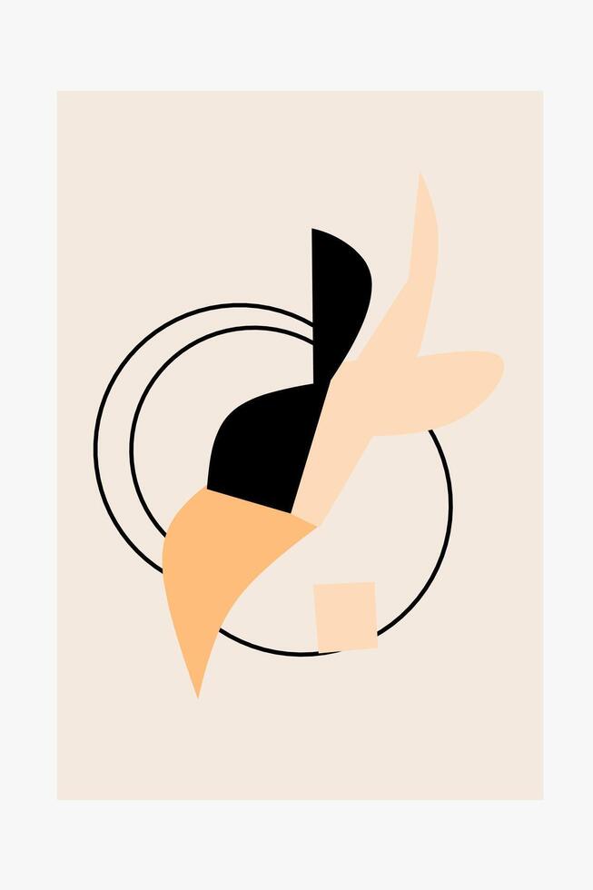 Modern abstract composition with soft peach tones, black shapes, and circular lines. A balanced geometric artwork that blends curves and forms in minimalist style. vector
