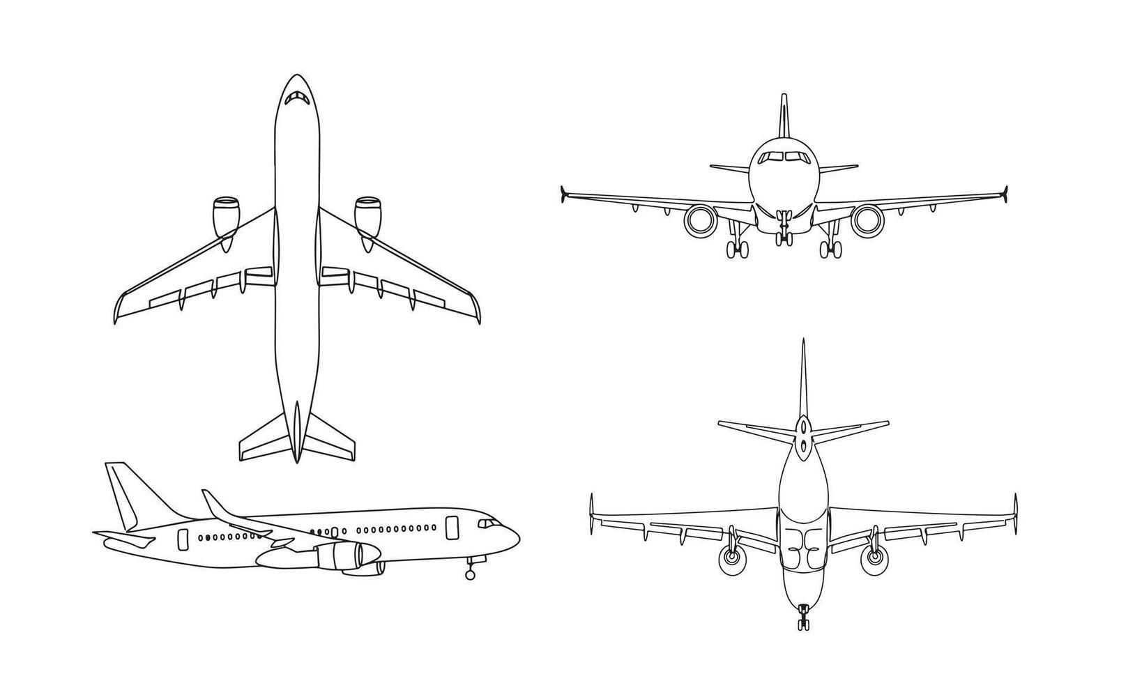 Four black outline illustrations of a modern passenger jet, showcasing its top, front, side, and rear views. Isolated on a white background, this set is ideal for technical diagrams, aviation vector