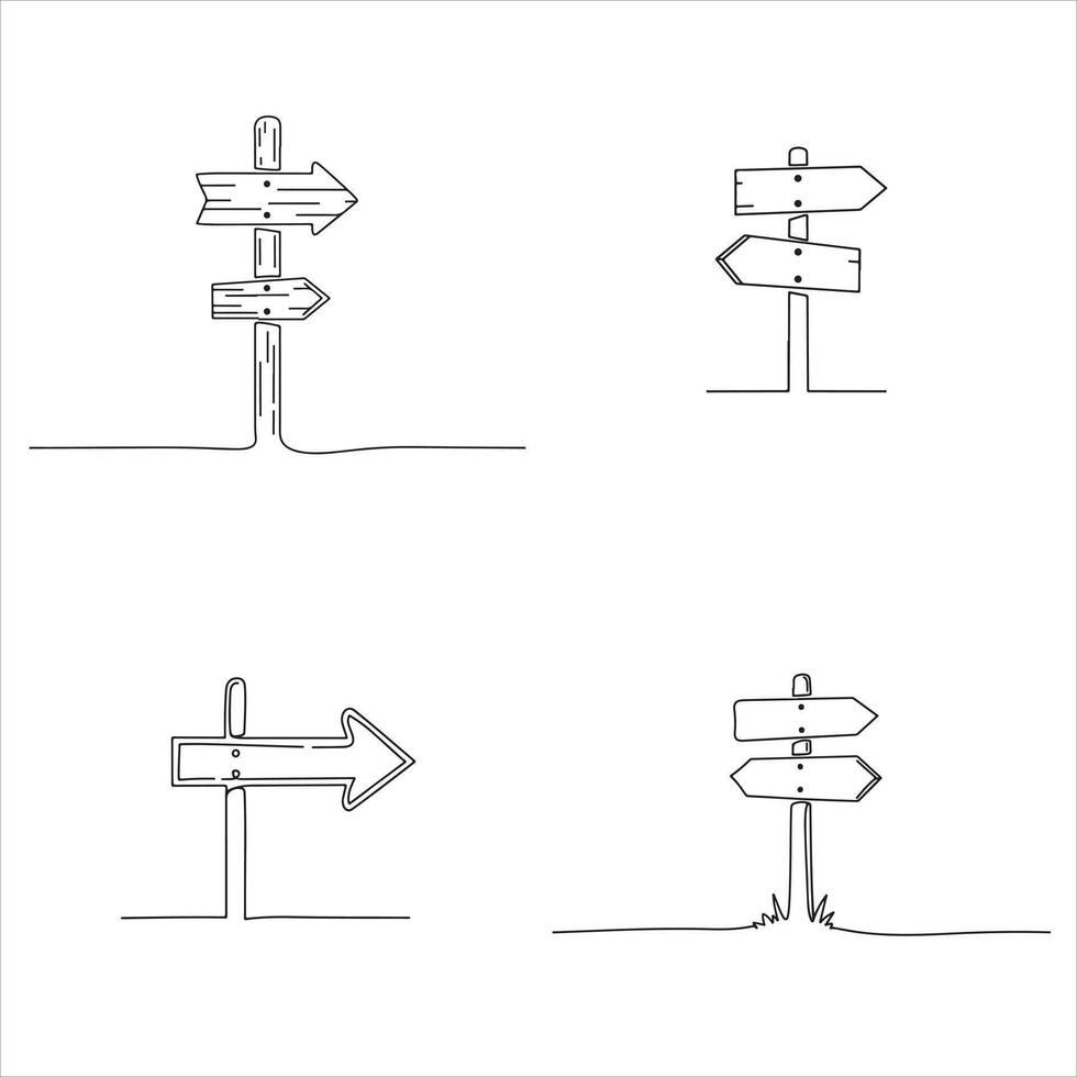 This clean, minimalist image features a set of four distinct continuous line art illustrations, each depicting a rustic wooden signpost with directional arrows, symbolizing choices, guidance vector