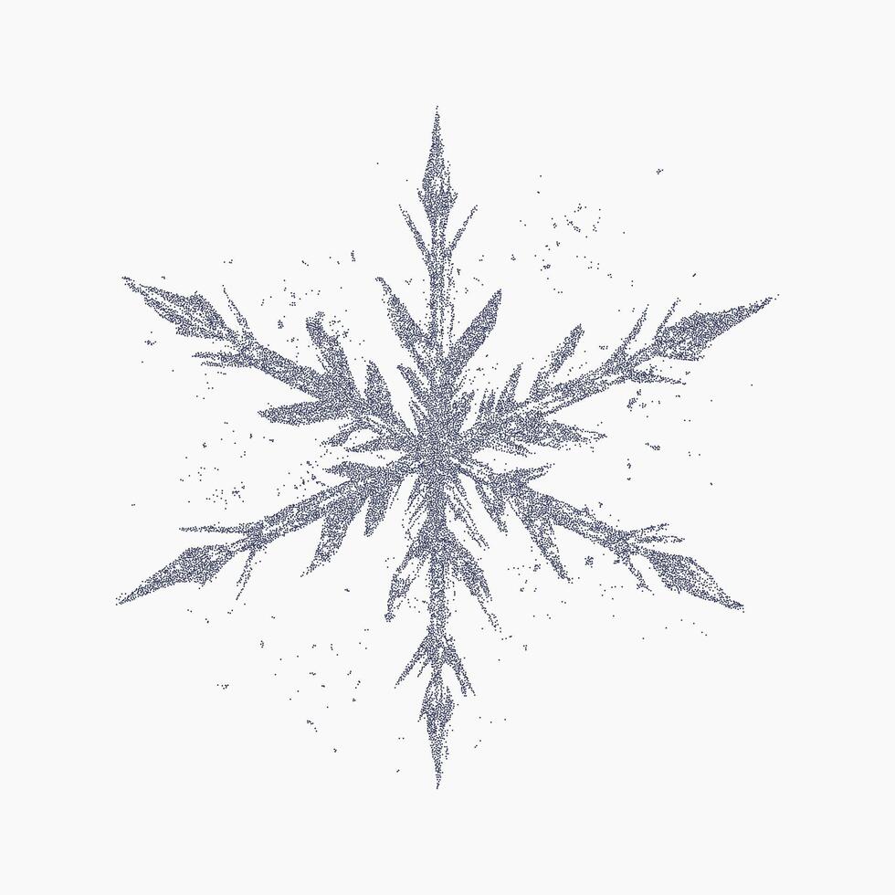Graphic snowflake. Rough ink mark with textured noise, faded speckle and halftone grain. Aged threshold edges blend with scattered grit and light paper scratches. vector