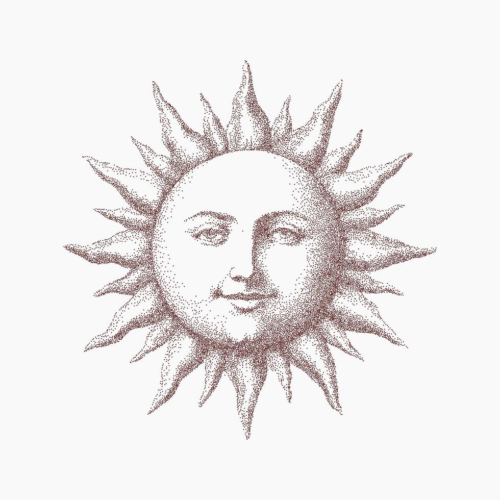 Red sun with a face drawn in thick ink lines, stippled cheeks and grainy texture, faded paper noise with soft dust and vintage edge shadows. vector