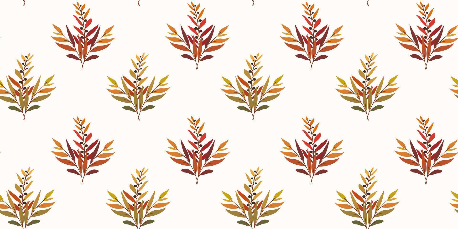 Horizontal seamless pattern with autumnal colorful twigs and berries in a bouquet. Hand drawn flat illustration. Universal design for background, fabric print, web, packaging, wallpaper. vector