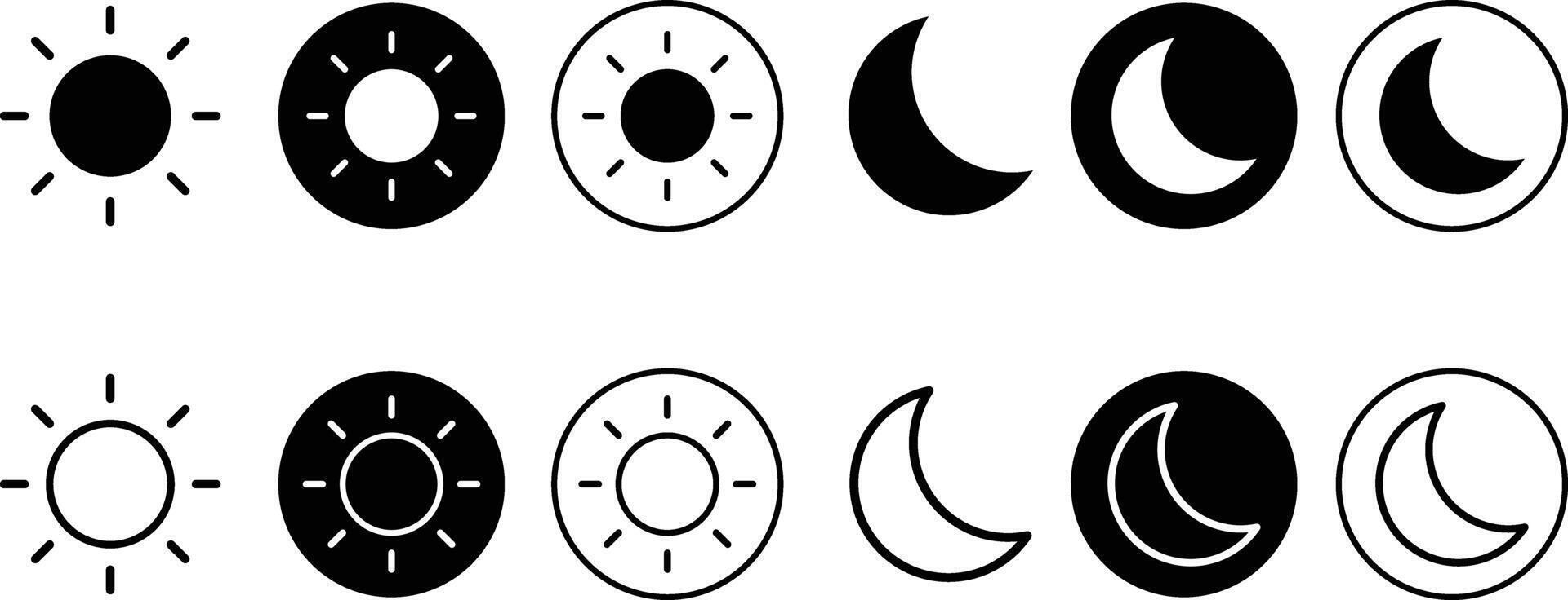 Sun and moon icons set. Rising and setting sun. Screen brightness and contrast level signs. Day and Night icon symbol vector