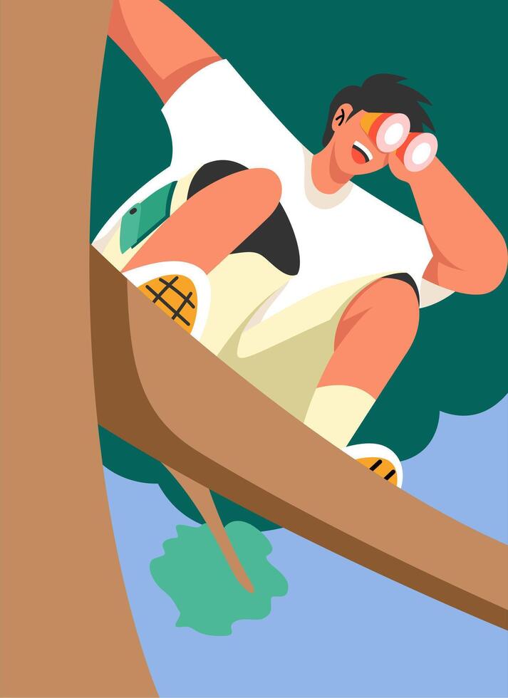 Man with binoculars in the middle of the forest vector